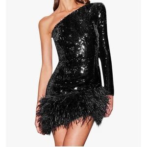 New Nadine Merabi Lexi Black Sequin Feather One Shoulder Mini Luxury Glam M $590